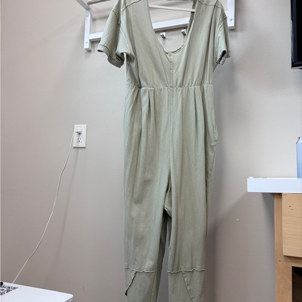 Free People Sage Green Knit Jumpsuit Raw Hem Boho Lounge One Piece